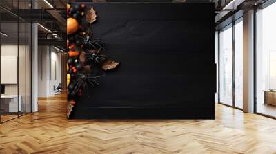 Bird s eye view of Halloween pumpkin and candy on a holiday background with copyspace for text Wall mural