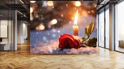 Birthday Candle Shaped like Alphabet Letters with Red Rose and Snowy Winter Background Wall mural