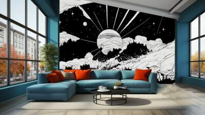 black and white ink pen line art comics or manga style environment background. High quality 3d illustration Wall mural