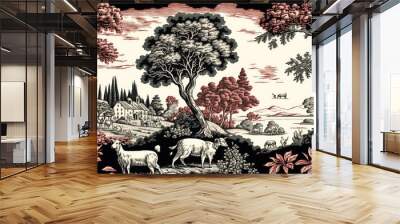 Black and white toile de jouy style pattern featuring a pastoral scene complete with dogs, trees, and sheep. Generative AI Wall mural