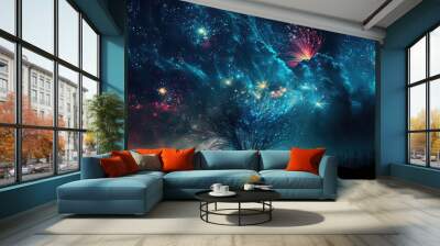 Black sky with blue and colorful fireworks in the foreground. Generative AI Wall mural