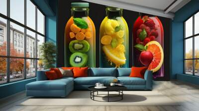 Blended Drink Made From Raw Fruits and Vegetables Colors Red Green and Yellow Products of the tropics Juice Fruits Apple Melon Water Melon Assertively, Kiwi Orange Mango Banana Pine Apple Pomegranate Wall mural