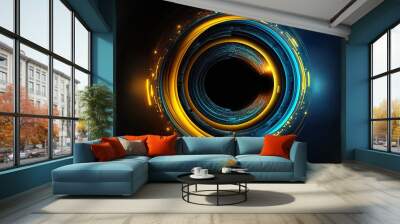 Blue and yellow abstract circular interface background. Generative AI Wall mural