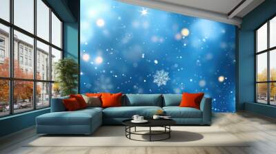 Blurred blue background with abstract snowflakes. Wall mural