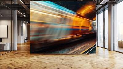 Blurred fast train moving beneath a classic brick bridge Wall mural