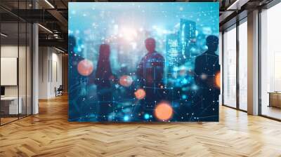 Blurry city background with diverse business team silhouettes overlaid by network hologram and business interface, representing technology, communication, and connectivity. Wall mural