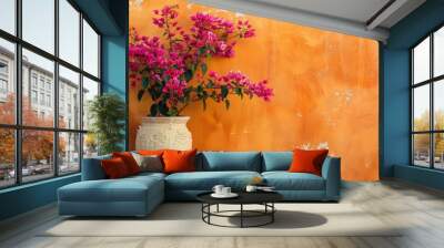 Bougainvillea plant in terracotta pot on rustic orange wall in cafe Oia Santorini Wall mural