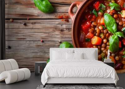 Bowl of vegetable lentil soup on a wooden surface Wall mural