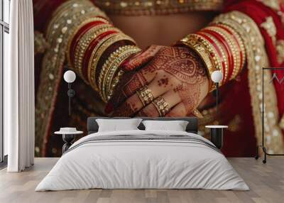 Bride s hands adorned with bangles and gold rings Wall mural