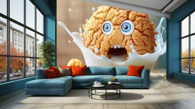 Capture a whimsical panic moment Cartoon snickerdoodle cookie with wide fearful eyes dipped into milk by a large adult hand face filled with exaggerated dread Wall mural