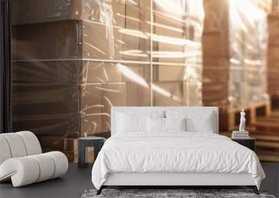 Cardboard Boxes Covered in Plastic on Wooden Pallets at a Distribution Facility with Truck Loading Cargo for Logistics and Transportation Industry Wall mural