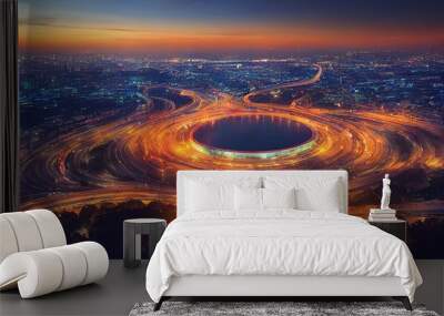 Cartoon drawing Aerial view Road roundabout with car lots Wongwian Yai in BangkokThailandstreet large beautiful downtown at nightcityscapeTop view , Anime style no watermark Wall mural