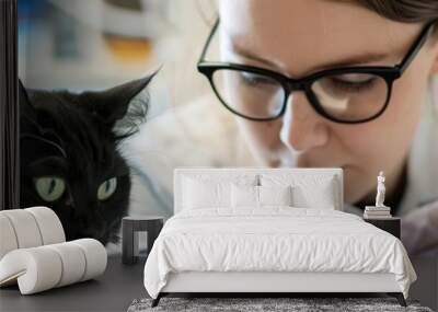 Caucasian female veterinarian with glasses and tied up light brown hair multitasking in a clean white laboratory reading a technical book with one hand and monitoring a full sized black cat Wall mural