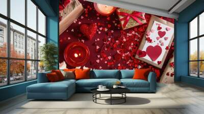 Celebrate Valentine s Day in style with a charming tableau featuring gifts candles confetti and a postcard nestled in a sea of red This flatlay masterpiece offers a top down view leaving pl Wall mural