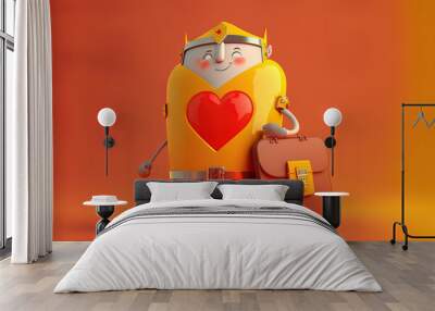 character mascot with an orange travel bag and a red metal shield on a yellow backdrop. generative a Wall mural