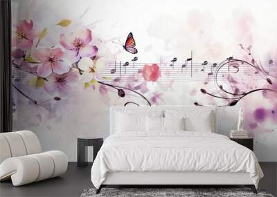 Cherry blossom background music notes pastel watercolor Wall mural