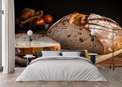 Close up of sliced sourdough bread on a wooden board With copyspace for text Wall mural