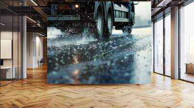 Close up of truck driving on wet road in rain or fog with water splashes spraying from under its wheels Highway with low visibility in the background Selective focus on the wet road Wall mural