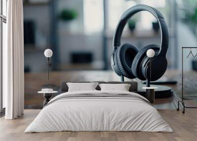 Close up shot of modern headphones on a mobile phone stand Wall mural