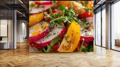 Close up view of radish tomato arugula salad on white plate Wall mural