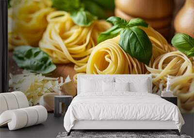 Close up view of various Italian pasta types, fresh basil, and garlic on a wooden cutting board. Wall mural