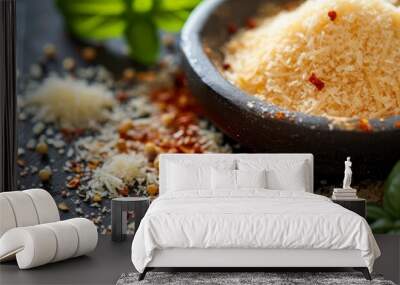 Closeup view of Italian restaurant seasoning on a dining table with parmesan cheese and crushed red pepper. Wall mural