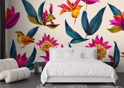 Collage style pattern design. Hand-sketched bird on dahlia flower. Trendy background with botanical, geometric shapes, and abstract element Wall mural