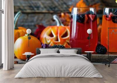 Colorful Apple Juice with Blackberries, Tangerines, Jack O' Lantern, and Cutlery on a Wooden Board Wall mural