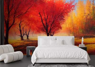 Colorful autumn landscape. Fall season with red and orange trees. Beautiful painting of an outdoor scenery. Scenic view of nature with trees and pines. Colorful pastel painting on a foggy day. Wall mural