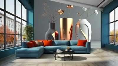 compositions for vases. Abstract illustrations in copper and concrete. Generative AI Wall mural