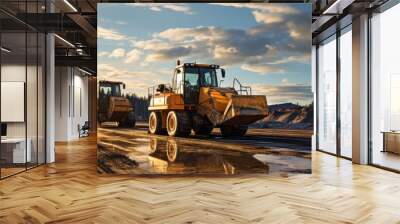 Construction zone with powerful equipment Drills bulldozer and excavator in action Wall mural