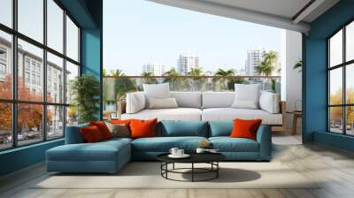 Contemporary living room with stylish furnishings light cushions on sofa balcony overlook with no occupants frontal panoramic perspective With copyspace for text Wall mural