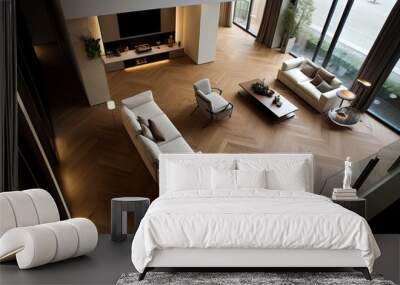 Contemporary material used for view of living rooms parquet flooring from above. Wall mural