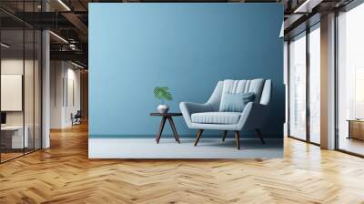 Contemporary minimalistic interior showcasing an armchair against a blue wall. 3D design. Wall mural