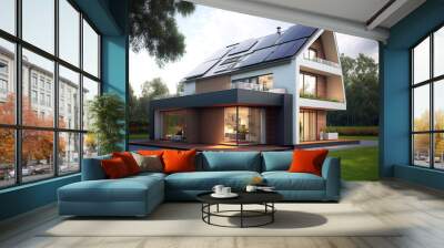 contemporary single family home with solar panels on the roof. Generative AI Wall mural