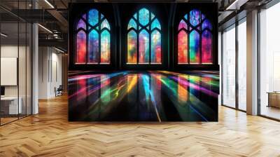 contemporary stained glass casting colorful hues onto church interiors Wall mural