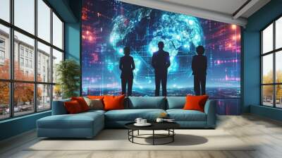 Corporate individuals in formal attire observe virtual global hologram through digital interface, illustrating worldwide internet communication. Wall mural