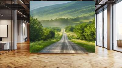 Country road on a sunny summer day, featuring a straight path through an untouched forest, showcasing a picturesque summer landscape perfect for outdoor adventures, with vibrant foliage flanking the Wall mural