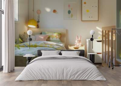 Cozy children s bedroom with bright interior and bed with nightstand Wall mural