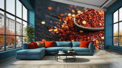 Crushed red chili flakes on spoon, black table. Wall mural