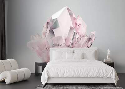 Crystalline rose quartz crystal on a white background. Generative AI Wall mural