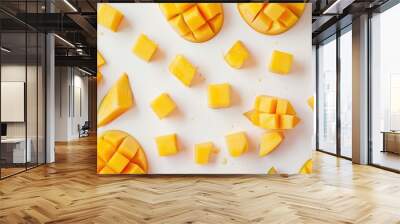 Cubes and slices of mango on a white background Wall mural