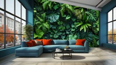 Dark green plants growing in a lush foliage background of tropical leaves like anthurium, epiphytes, or ferns, forming a beautiful green plant wall design in a cloud forest. Wall mural