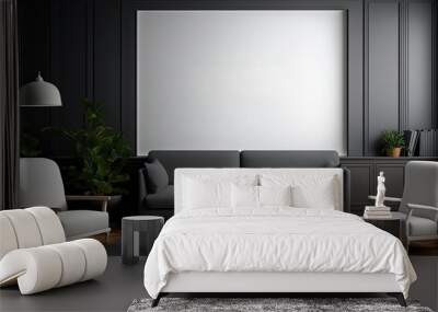 Dark grey living room with a white empty mockup poster as the background. Featuring a parquet floor, a couch, two armchairs, a coffee table, a slim light, a bookcase, and a panoramic window Wall mural