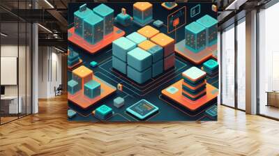 Data visualization for accounting, big data, blockchain technology, and mobile phones in an isometric perspective. The data in a database is organized into digital blocks, also called cubes. Bitcoin m Wall mural