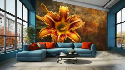 Daylily flower close up with vibrant yellow and red colors on dark background detailed texture in vintage painting style Wall mural