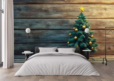 Decorated green fir tree with golden ornaments on a rustic wooden background, festive decoration, holiday vibe Wall mural