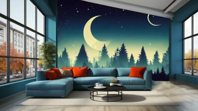 deep fairy forest silhouette at night with moonlight and fireflies, 2d Wall mural