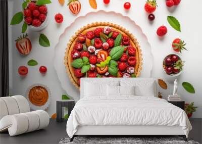 delicious berry pie with fresh mint leaves as garnish. Generative AI Wall mural