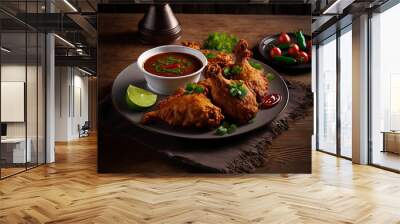 Delicious deep fried, battered, crispy chicken winglets with visible bones on a white plate on a dark wood table, with gravy boats holding mustard and tomato sauce in the background. Generative AI Wall mural